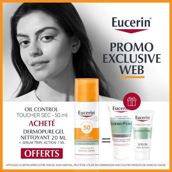 🌞 Eucerin Sun Oil Control Gel-Crème SPF50+ 50ml – Mattifying Facial Sunscreen for Oily & Acne-Prone Skin + FREE DermoPure Gel 20ml & Serum 7ml | becool.ma