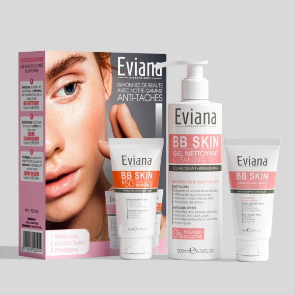 Coffret Soin Anti-Taches Eviana BB Skin – Nettoyant + Crème Éclaircissante + SPF50 | Becool.ma