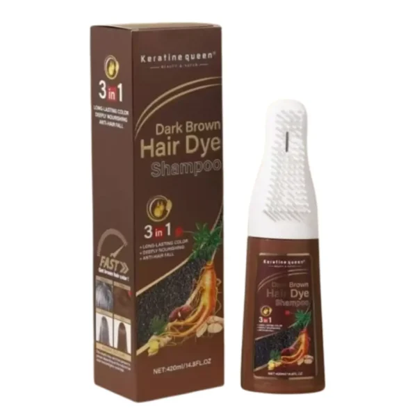 Keratine Queen Dark Brown Hair Dye Shampoo 420ml – 3 in 1 Long-Lasting Color, Nourishment & Anti-Hair Fall becool maroc